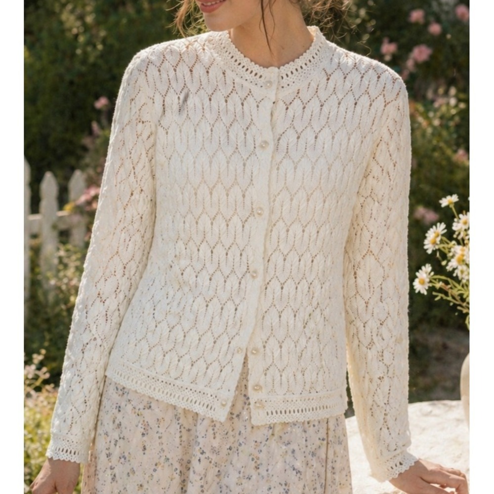 VTG 70s Montgomery Ward Women Cardigan Large White Boho Cottagecore Coquette